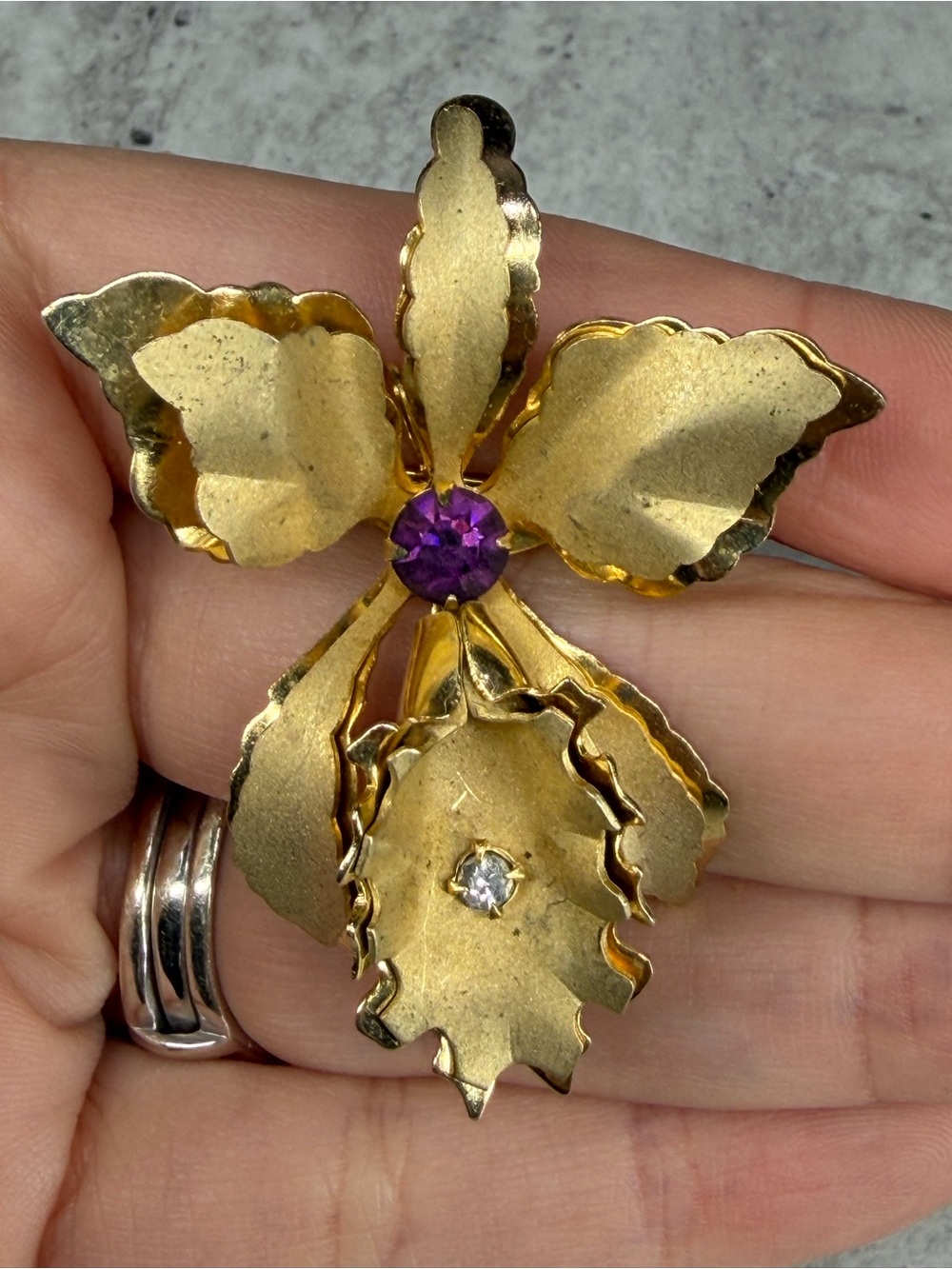 Vintage Orchid Brooch Flower Purple Rhinestone Gold Tone Jewelry Floral